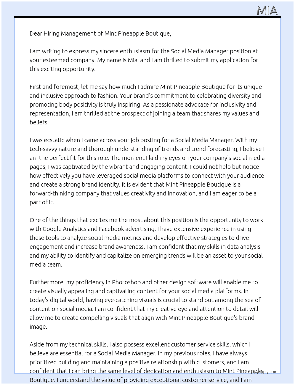 Social Media Manager At Mint Pineapple Boutique Cover Letter