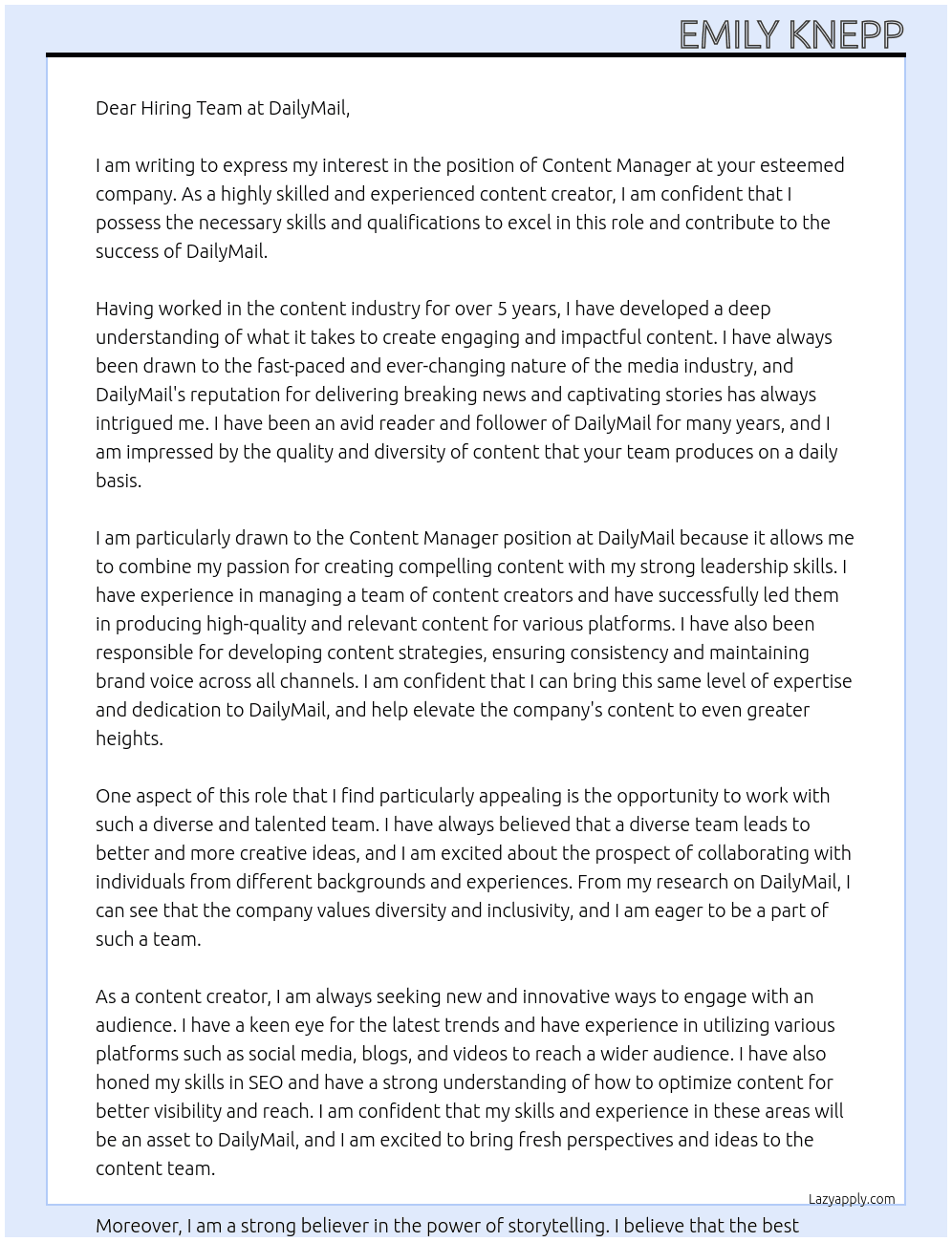 Content Manager At DailyMail Cover Letter