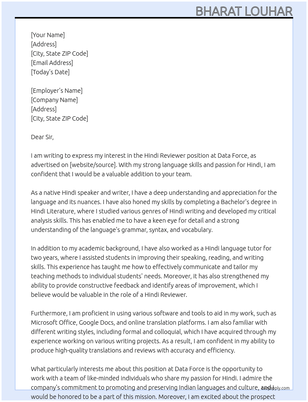 Hindi Reviewer  At Data Force Cover Letter