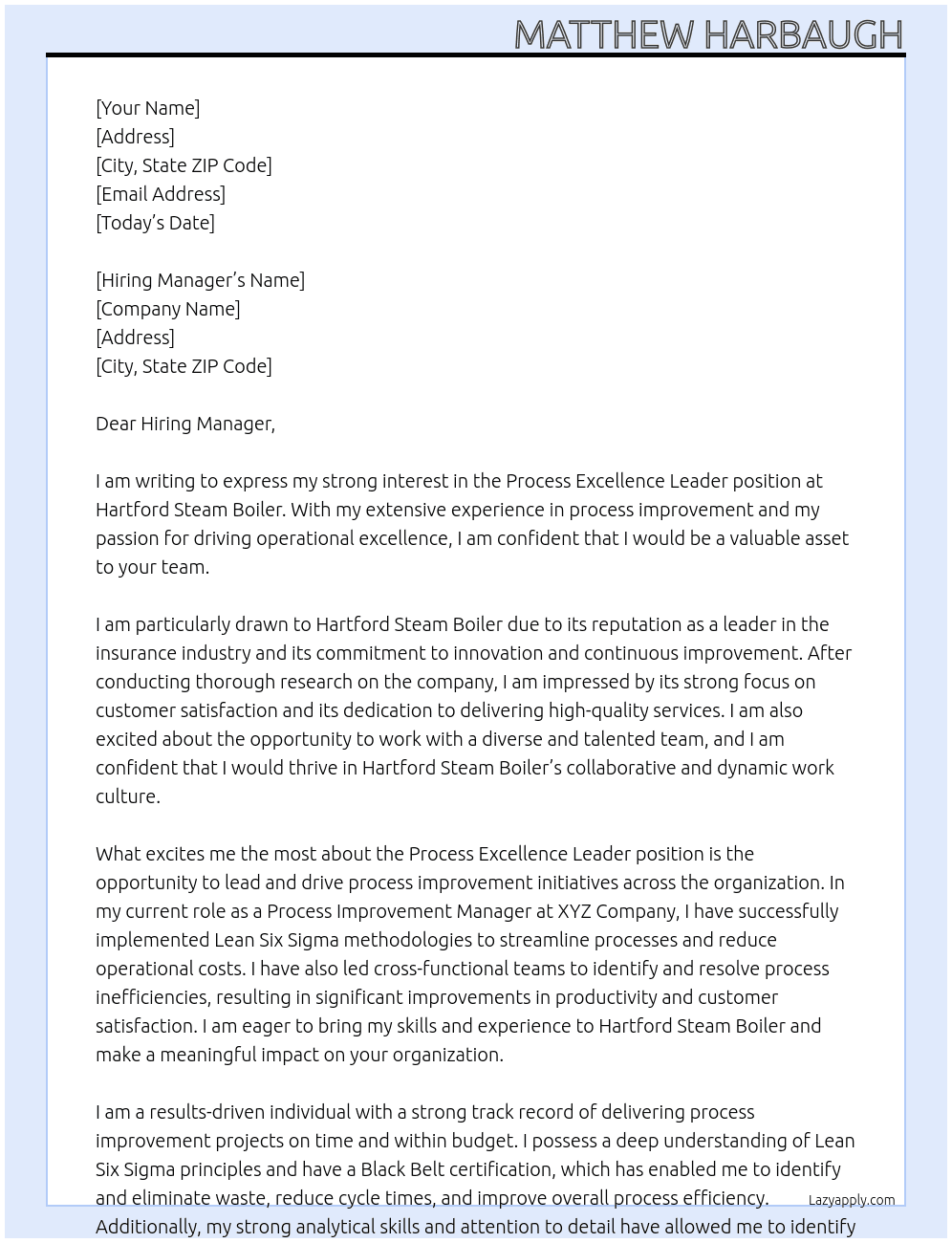 Process Excellence Leader At Hartford Steam Boiler Cover Letter