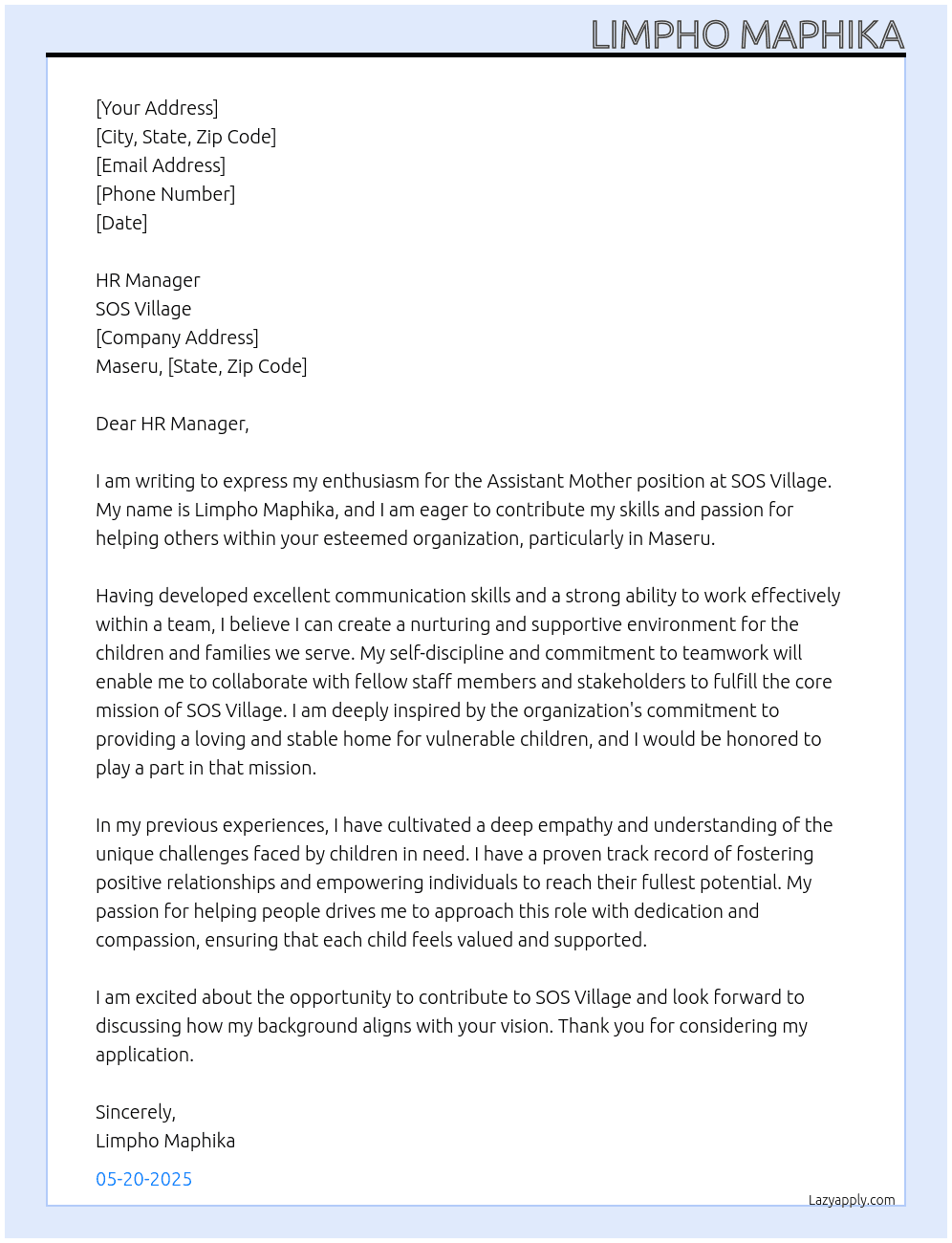 Cover letter for assistant mother - LazyApply