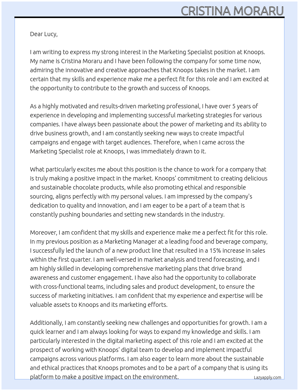 Marketing specialist At Knoops Cover Letter