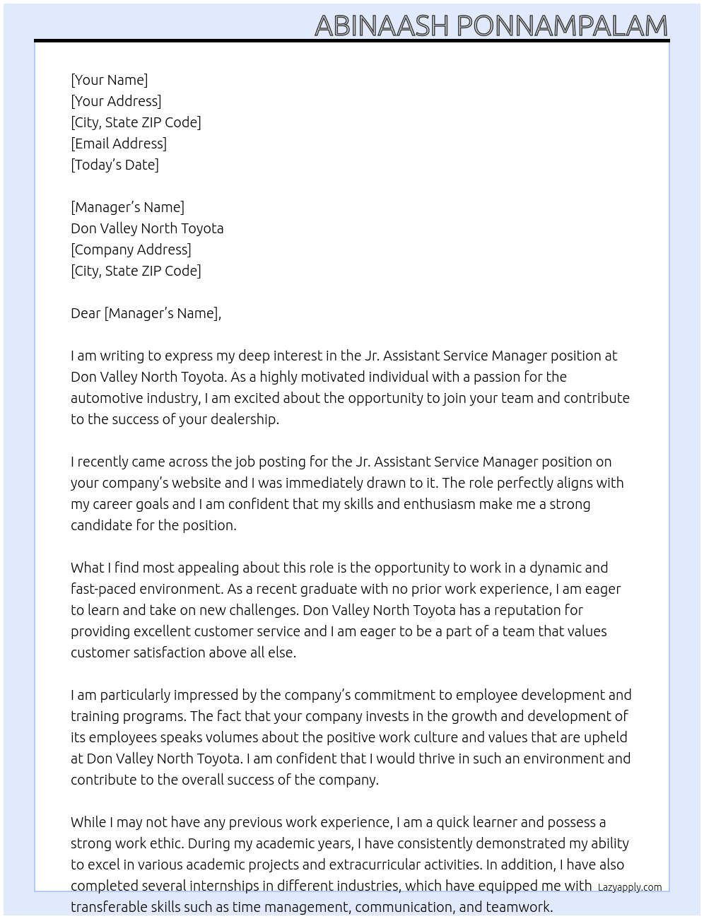 Jr. Assistant Service Manager with No Experience  At Don Valley North Toyota Cover Letter