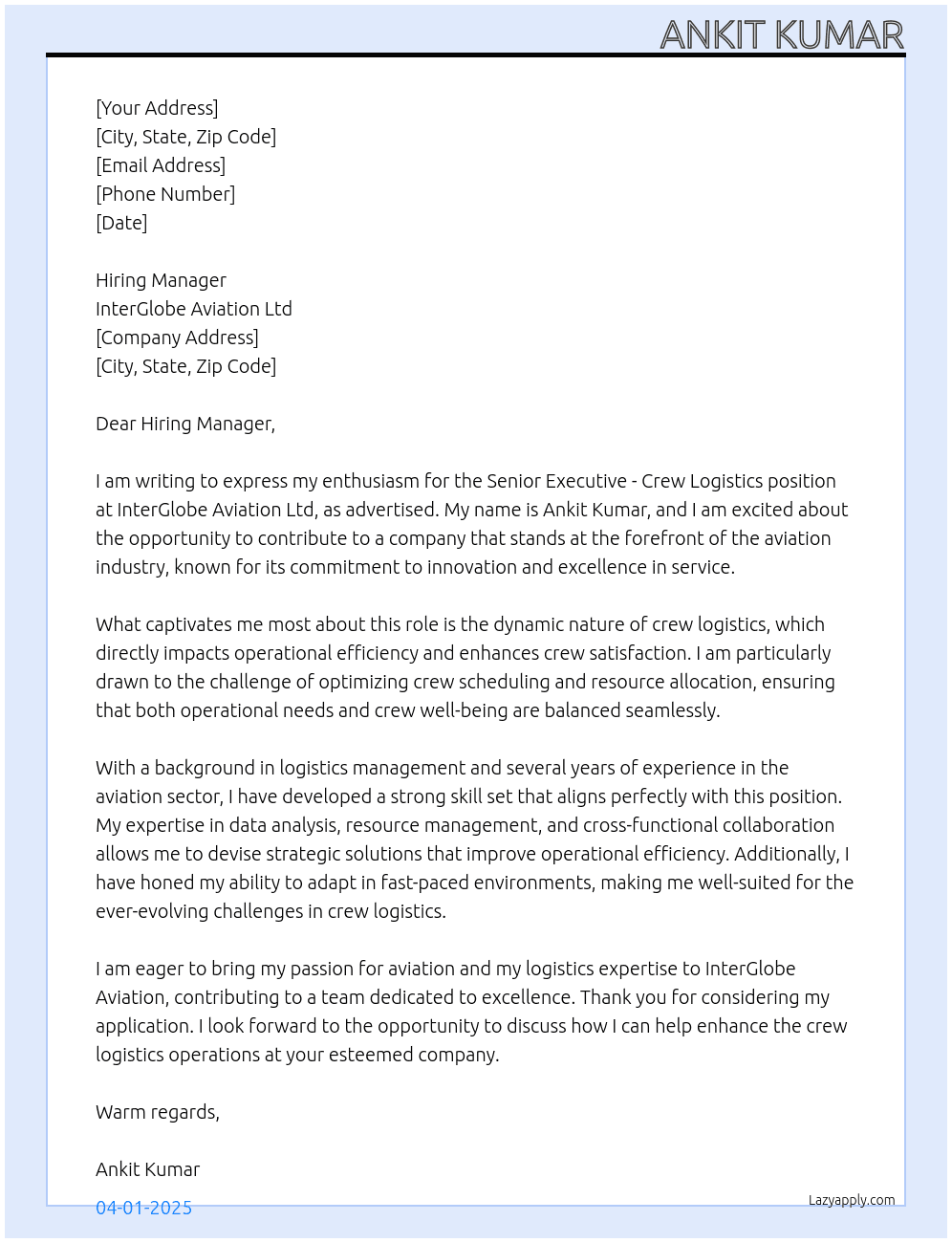 Senior Executive- Crew Logistics At InterGlobe Aviation Ltd Cover Letter