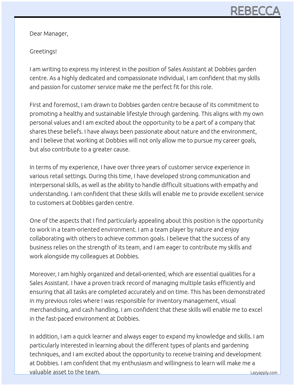 sales assistant At Dobbies garden centre Cover Letter