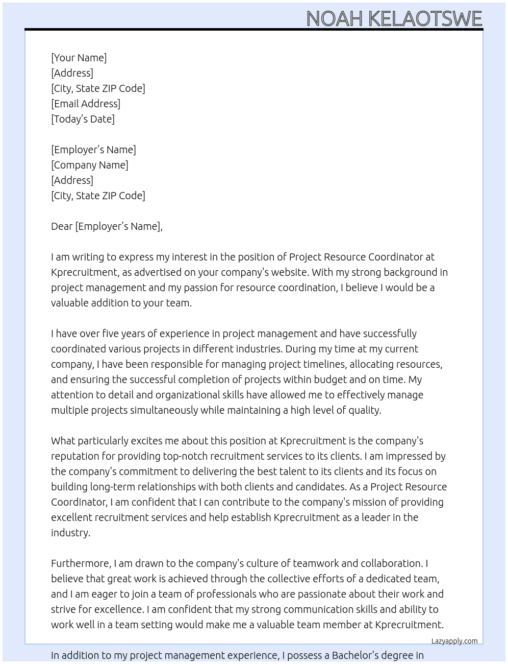 project resource cordinator At Kprecruitment Cover Letter