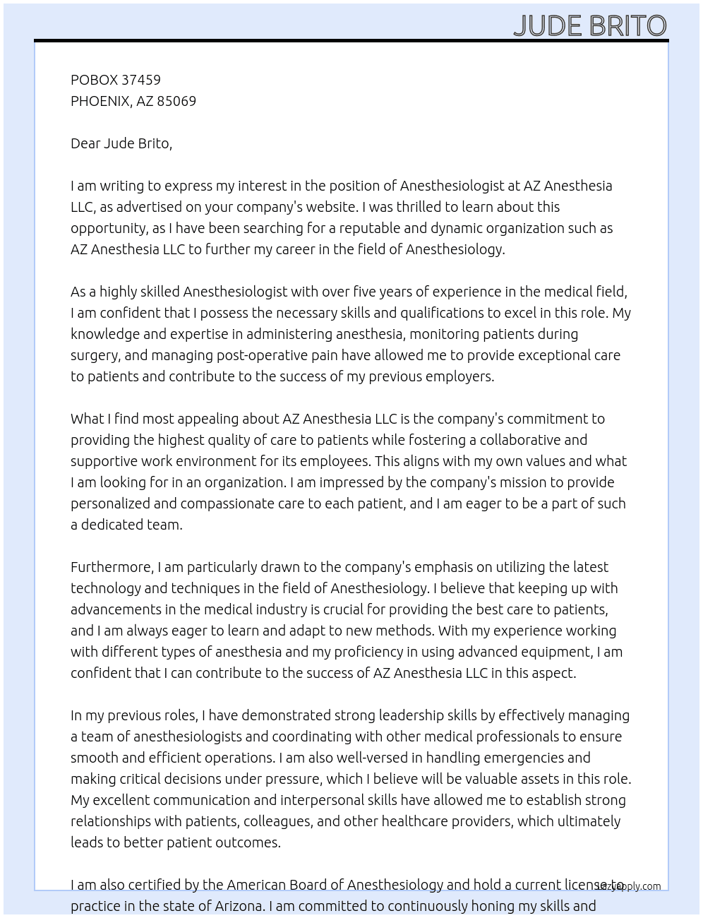 Cover letter for dec anesthesia llc - LazyApply
