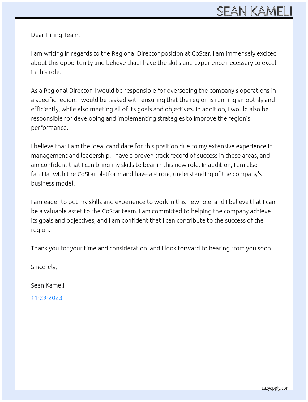 Regional Director At CoStar Cover Letter