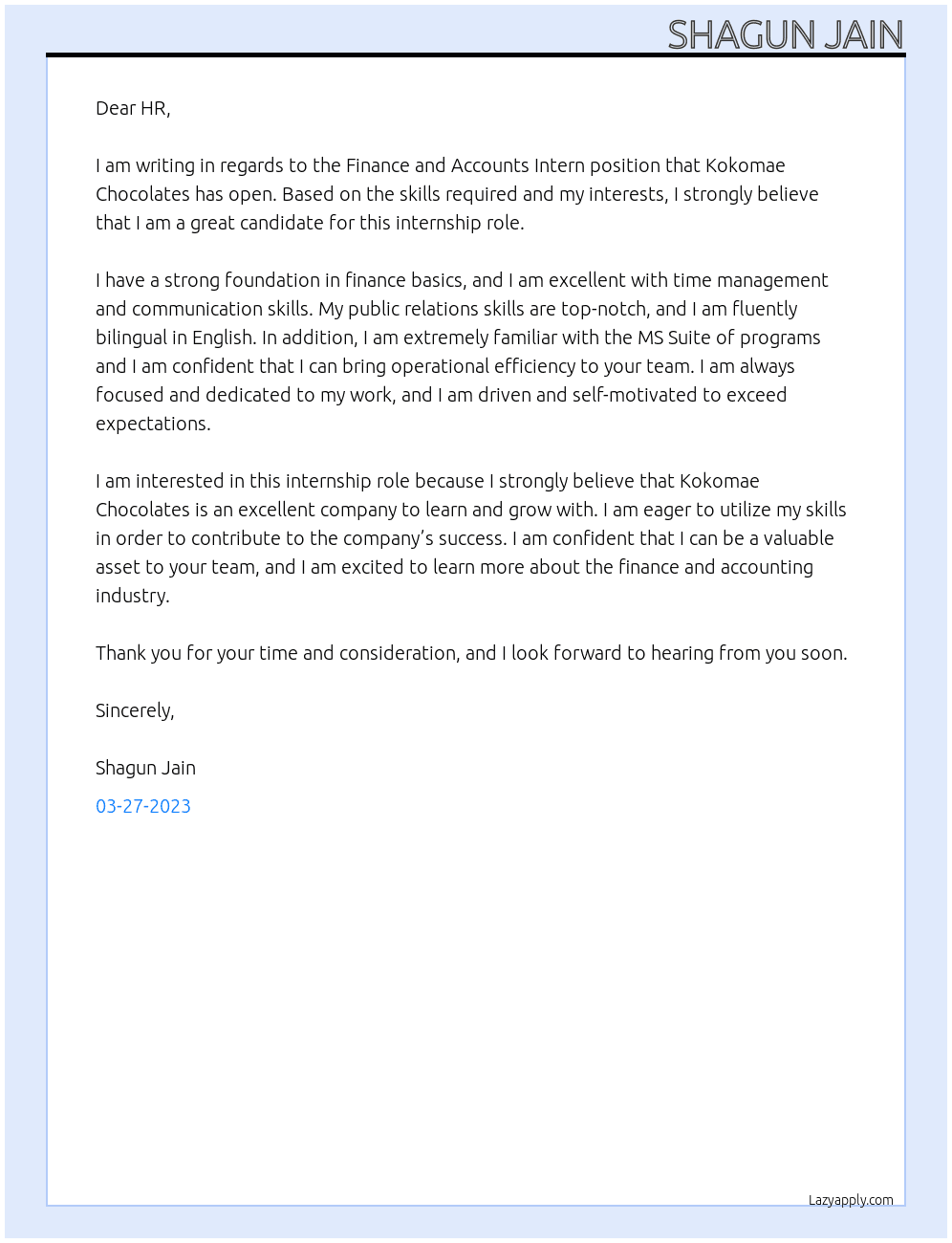 Finance and accounts intern At Kokomae Chocolates Cover Letter