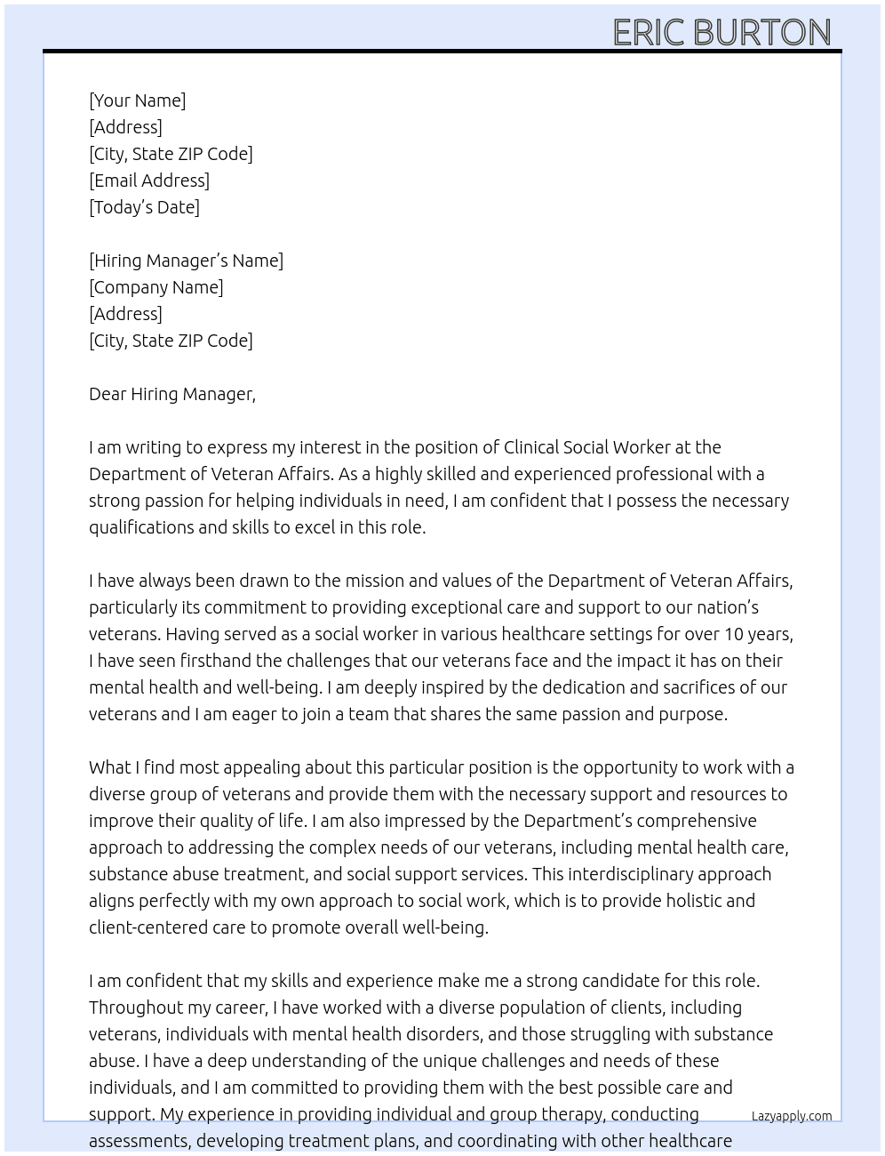 Clinical social worker  At Department of veteran affairs  Cover Letter
