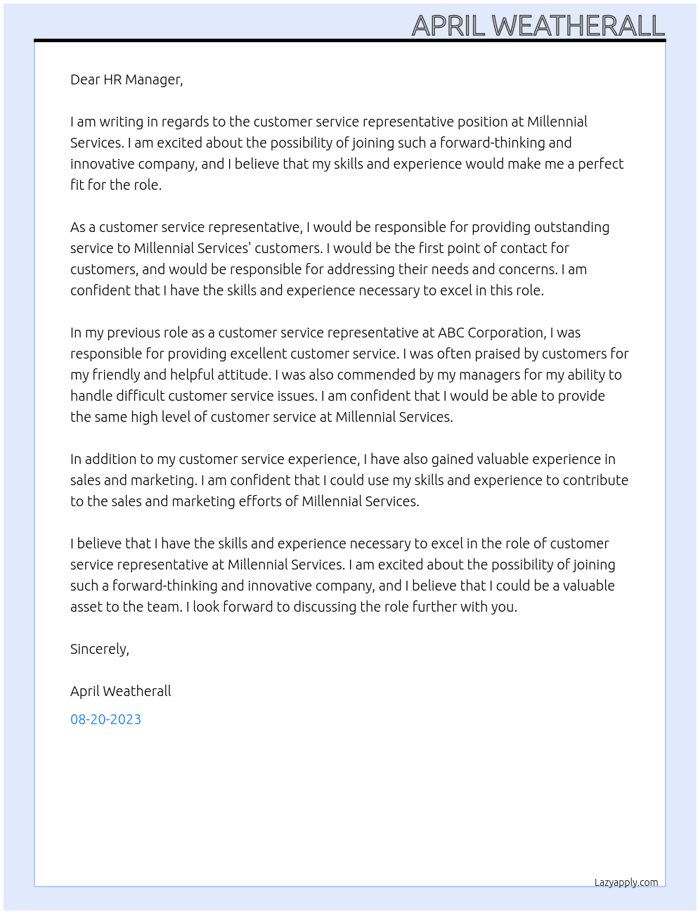 customer service rep At Millennial Services Cover Letter