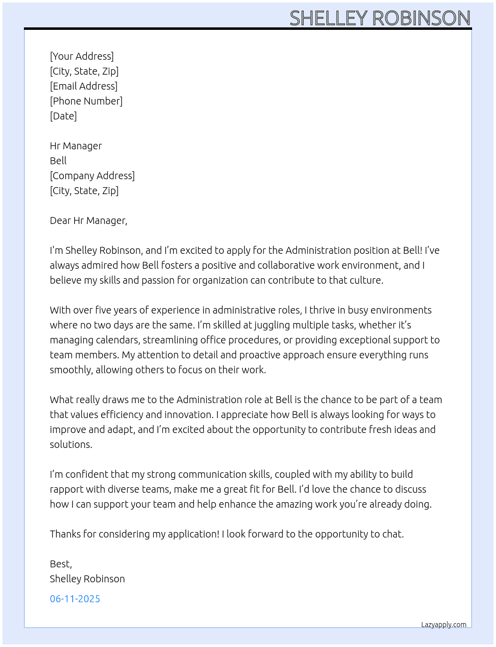 Administration  At Bell Cover Letter