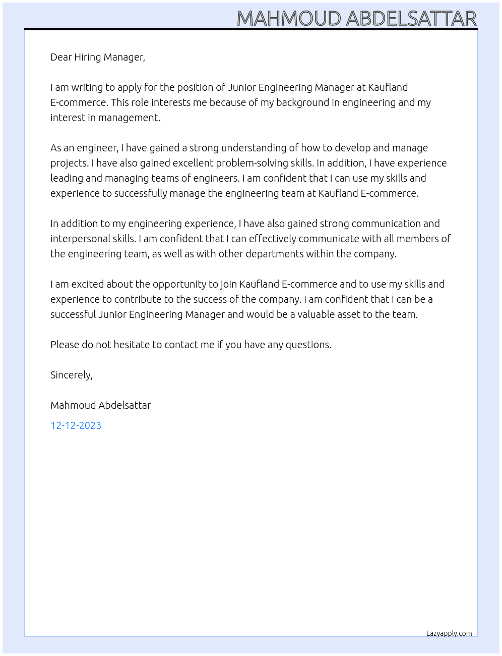 Junior Engineering Manager At Kaufland E-commerce Cover Letter