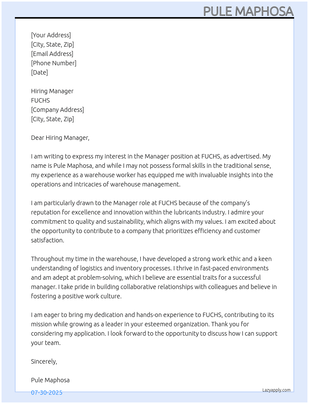 Manager  At FUCHS Cover Letter