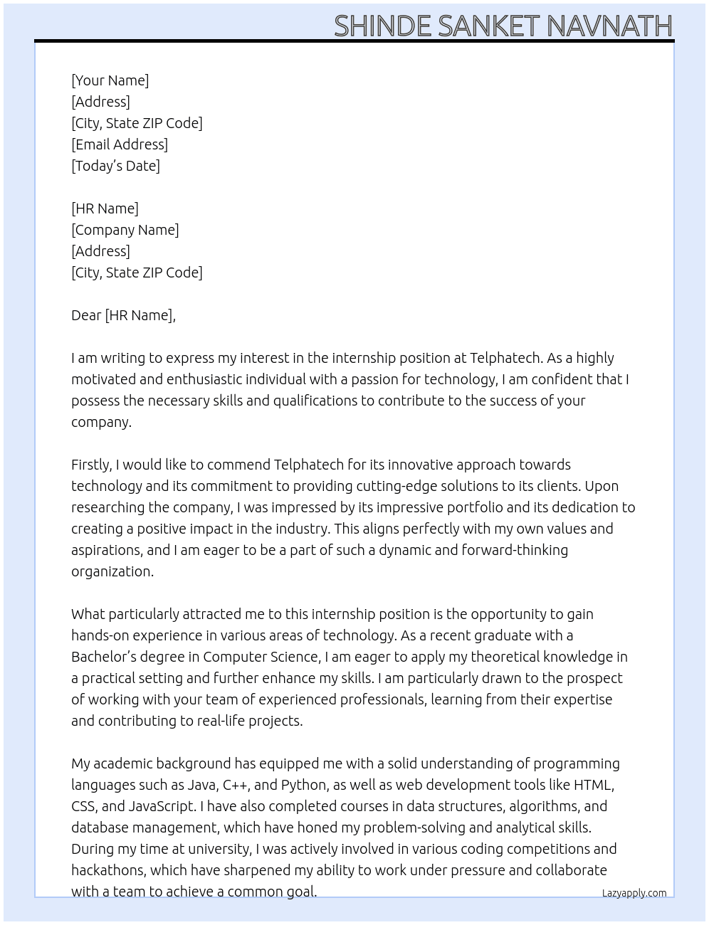 Internship  At Telphatech Cover Letter