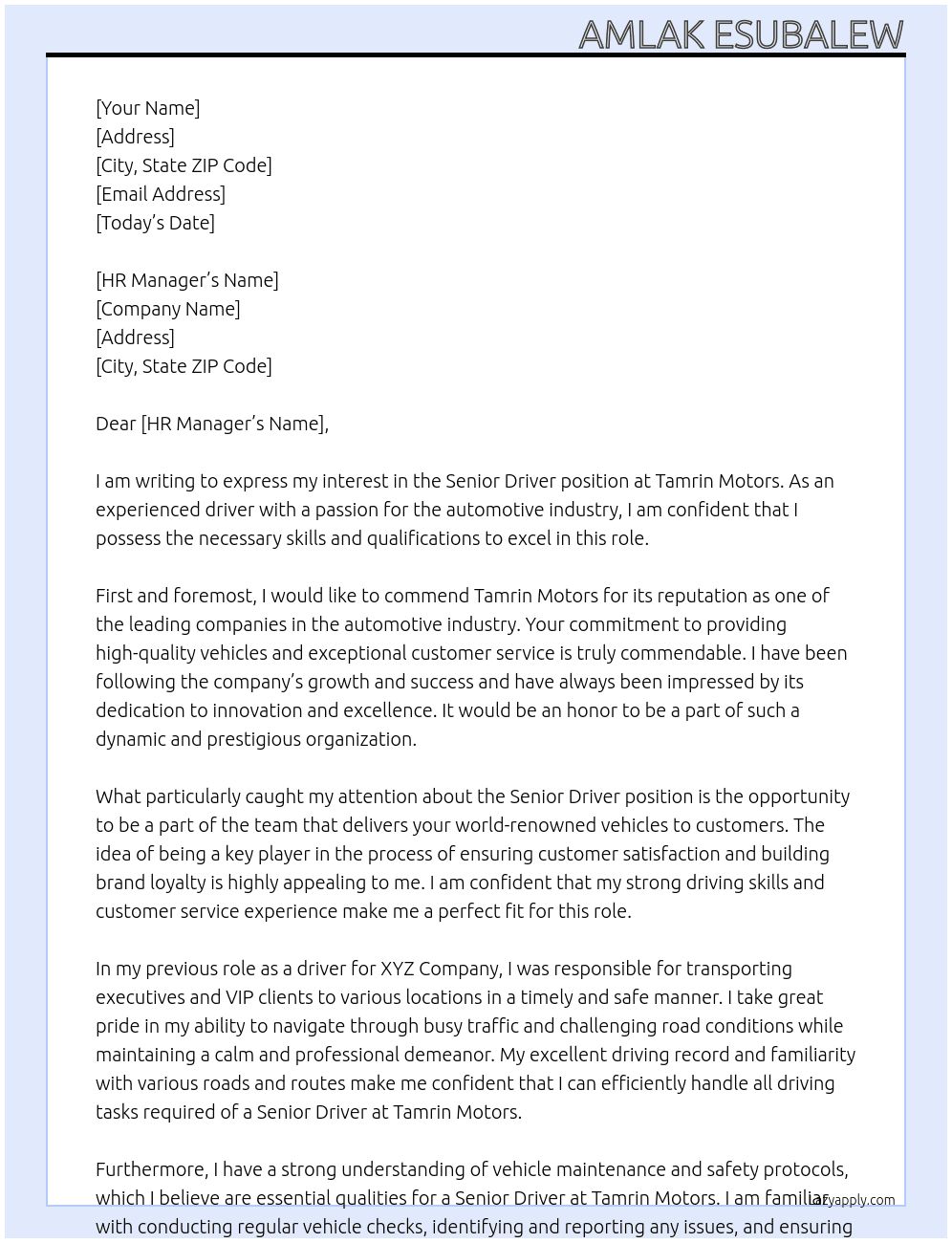 senior Driver At Tamrin Motors Cover Letter