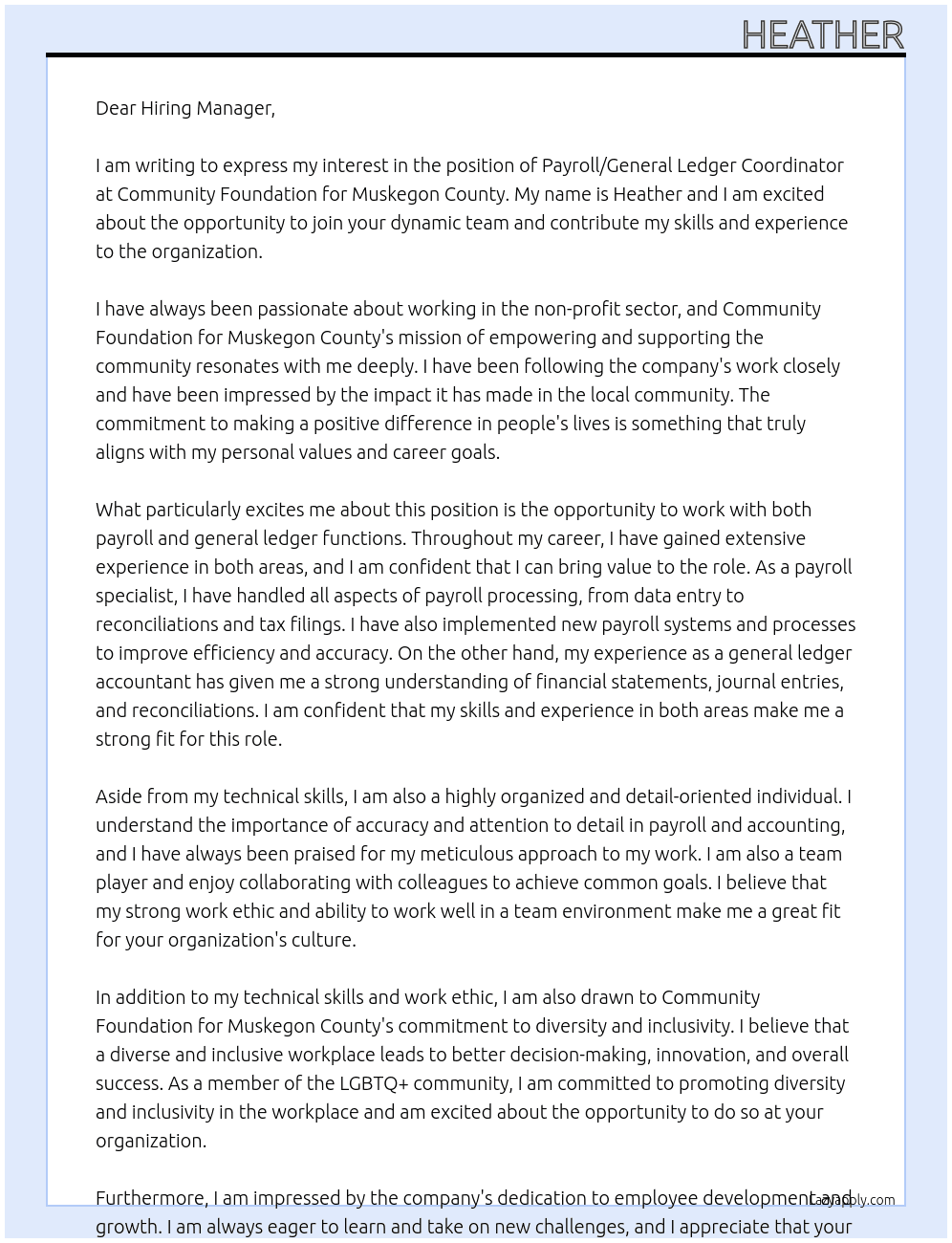 Payroll/General Ledger Coordinator At Community Foundation for Muskegon County Cover Letter