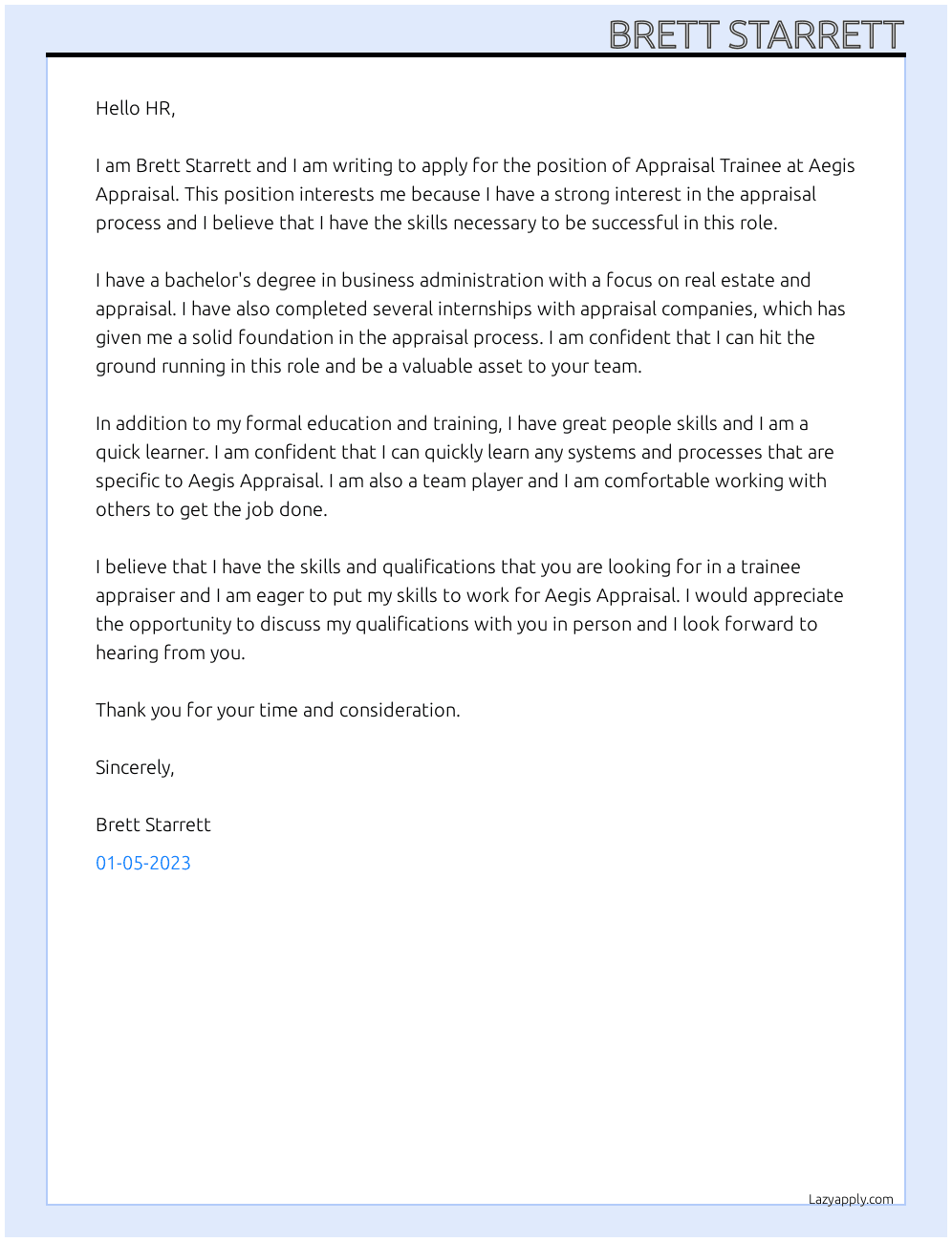 Cover letter for appraisal trainee - LazyApply