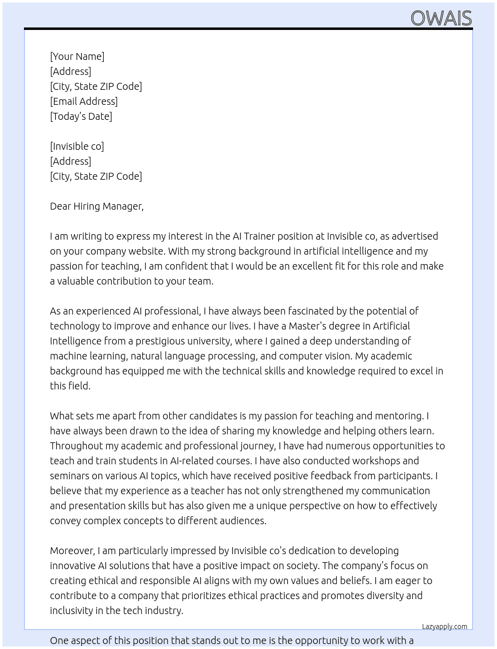 Cover letter for ai trainner - LazyApply
