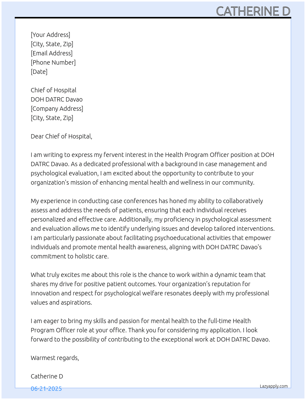 Health Program Officer At DOH DATRC Davao Cover Letter