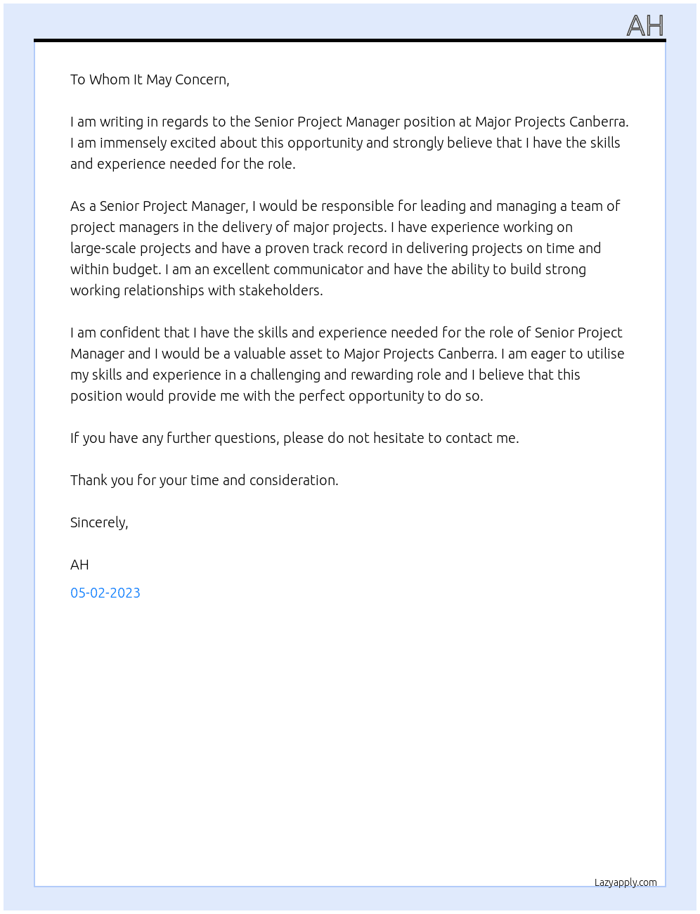 Senior Project Manager At Major Projects Canberra Cover Letter