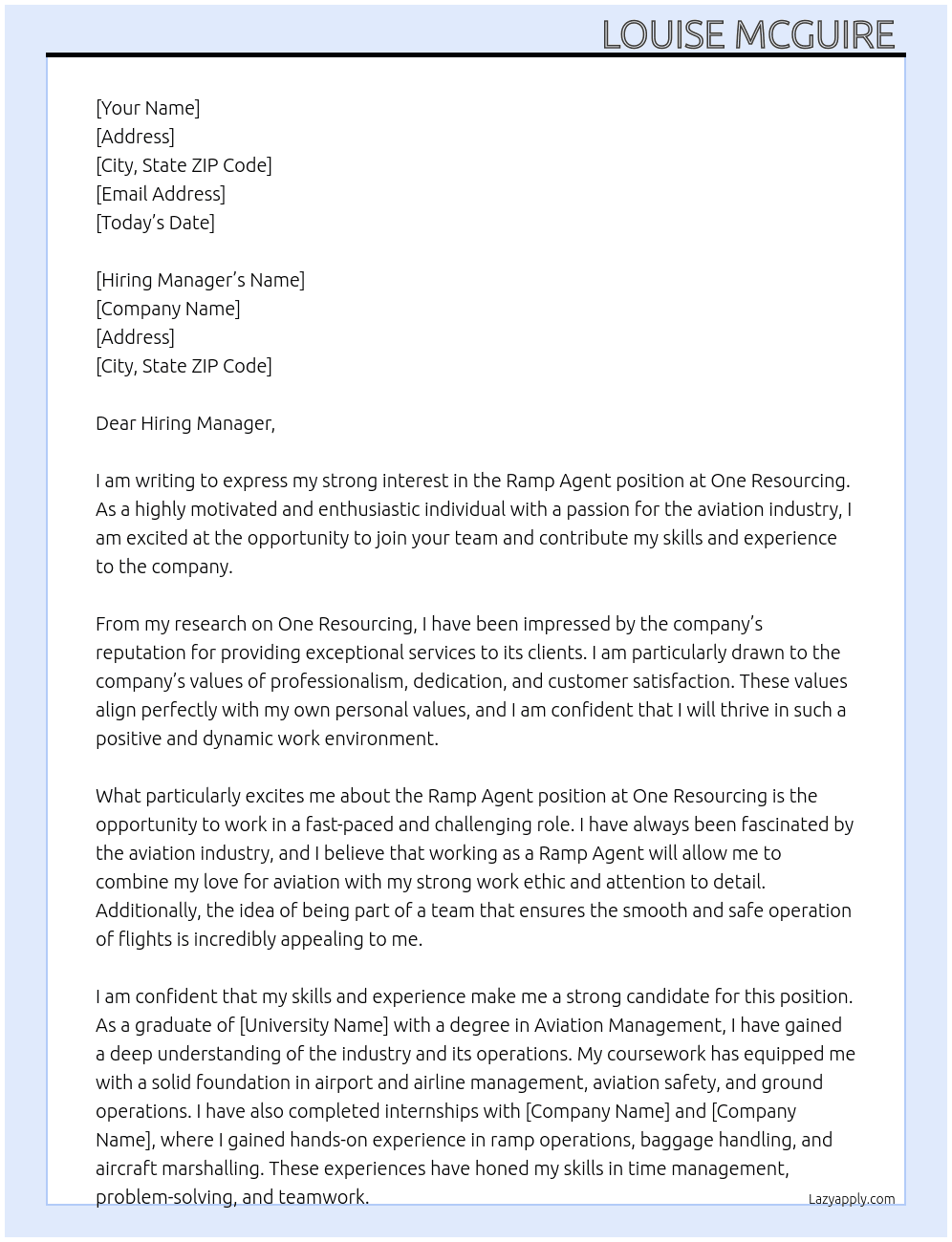 Ramp agent At One resourcing Cover Letter