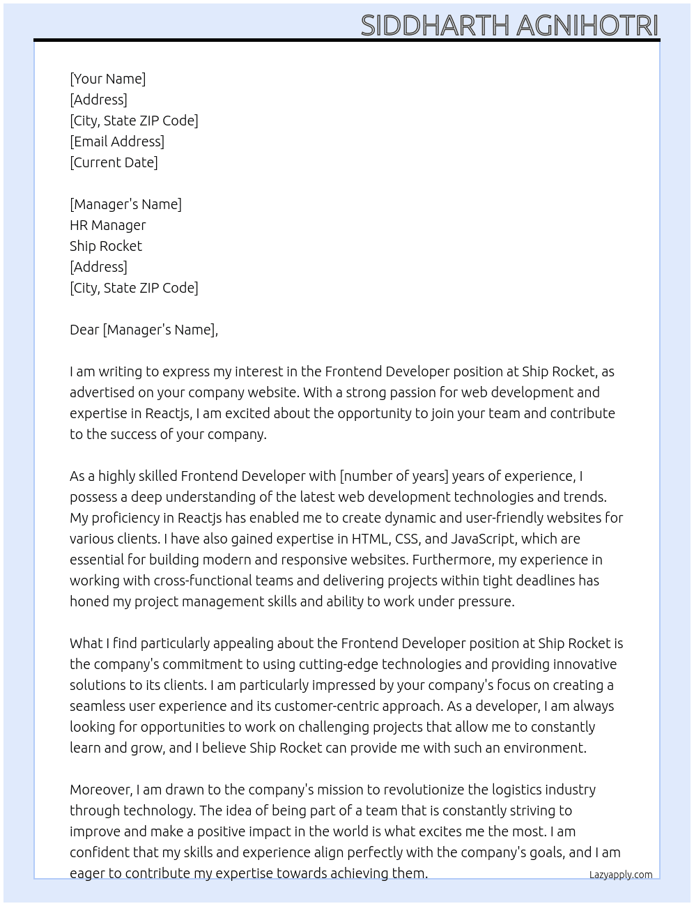 Frontend Developer At Ship Rocket Cover Letter