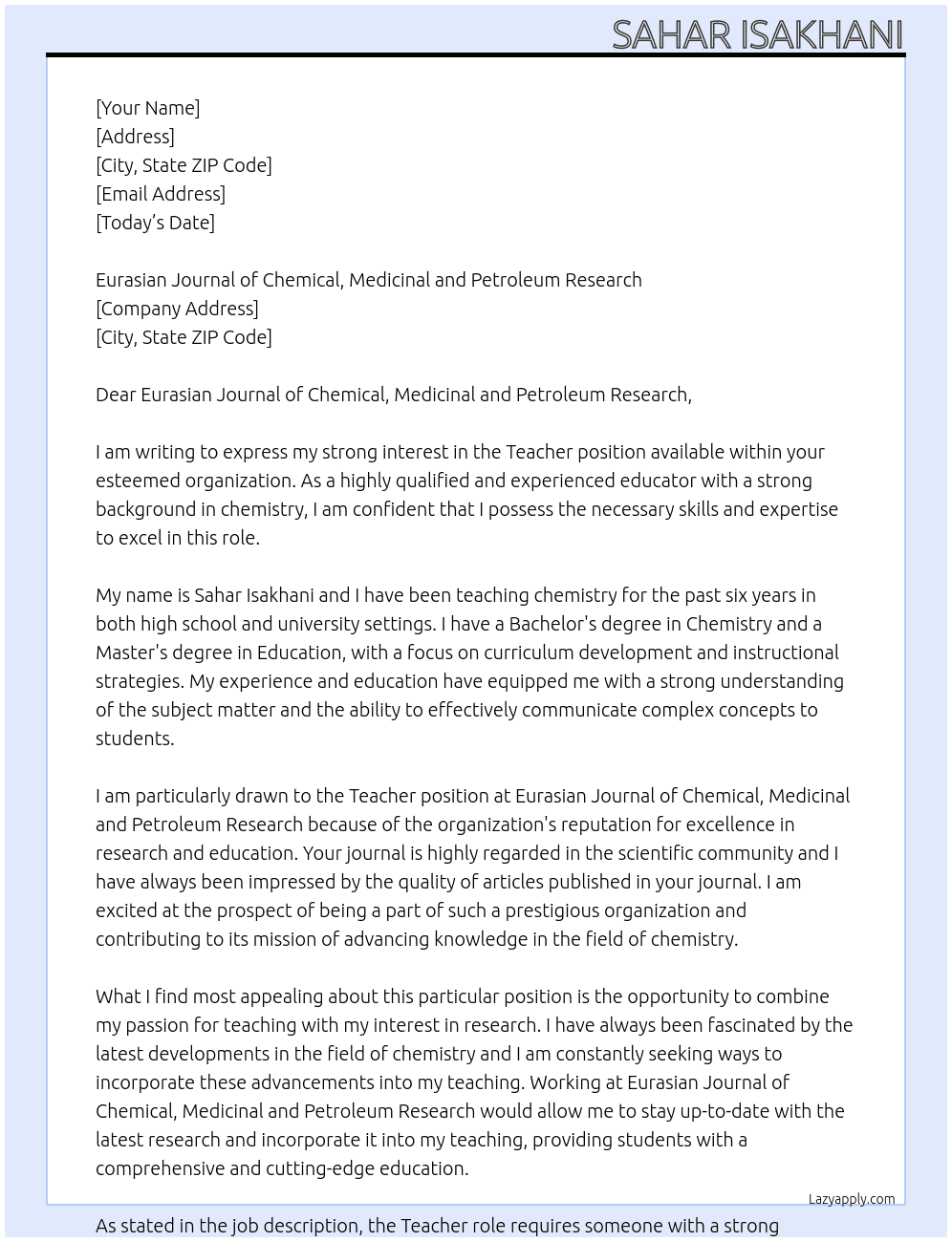 Teacher At Eurasian Journal of Chemical, Medicinal and Petroleum Research Cover Letter