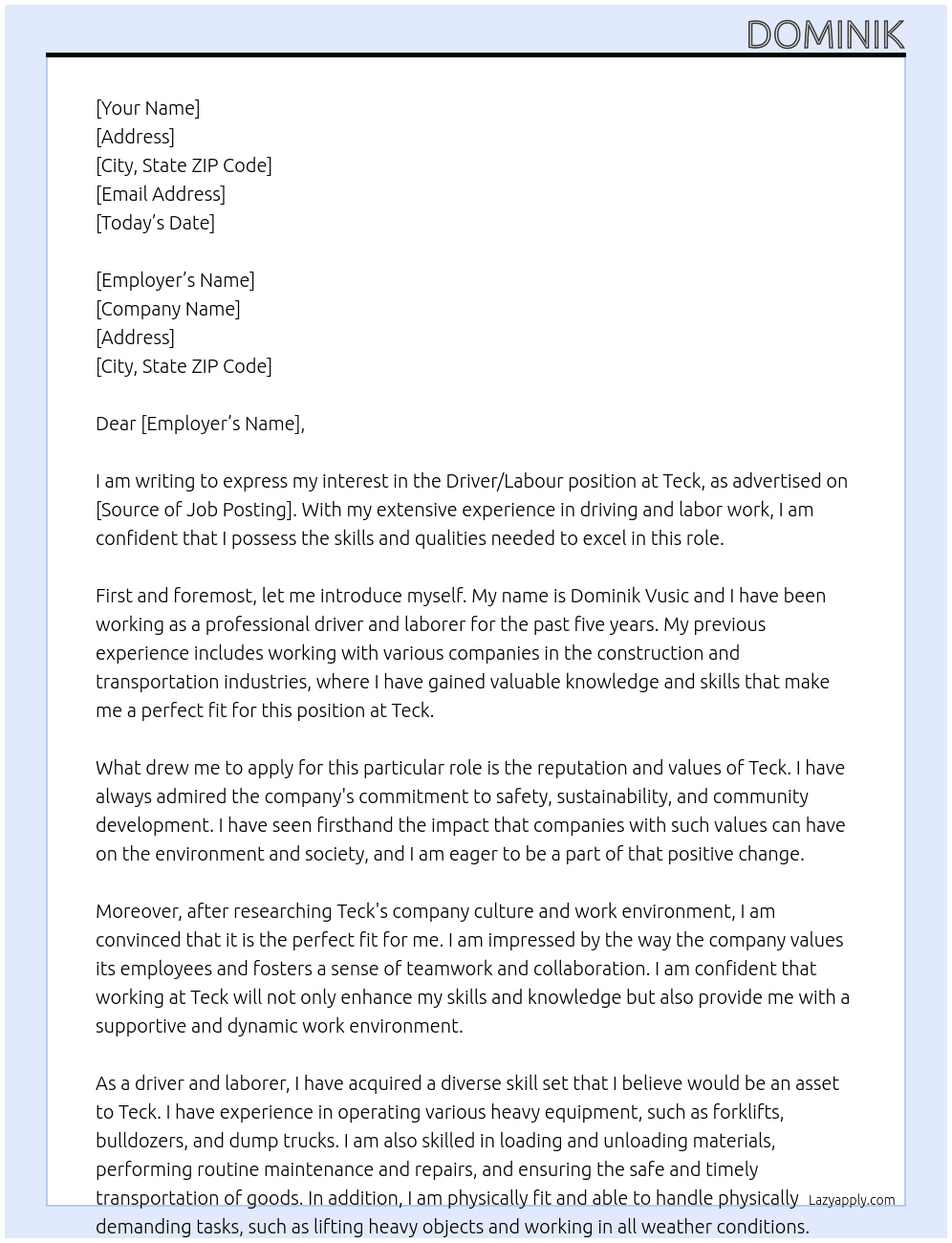 Driver/Labour  At Teck Cover Letter