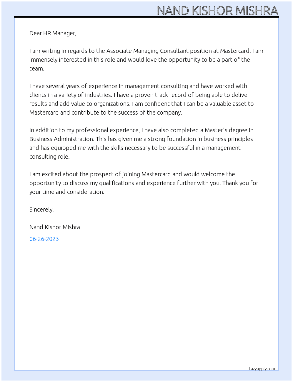 Associate Managing Consultant At mastercard Cover Letter