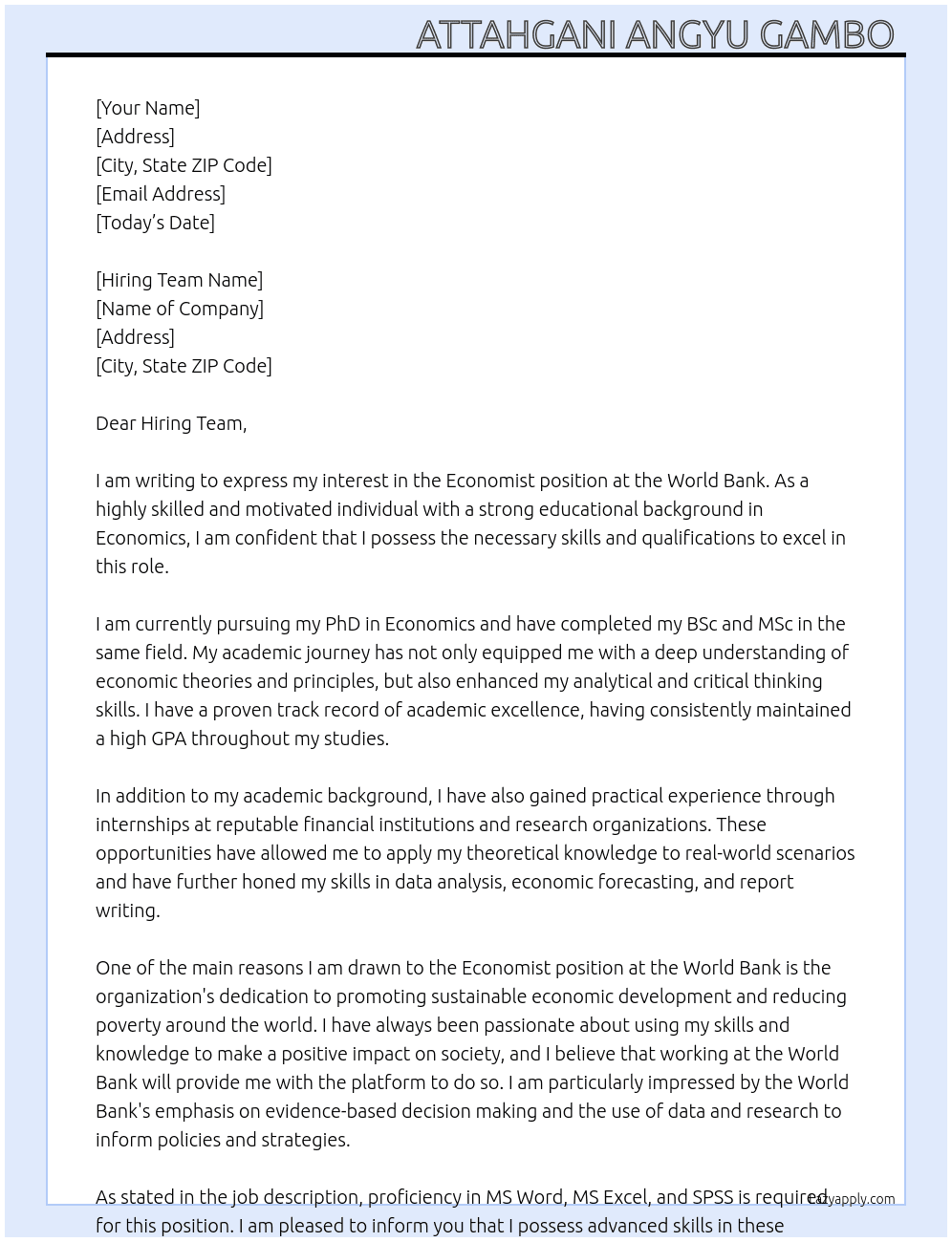 Economist At World bank Cover Letter