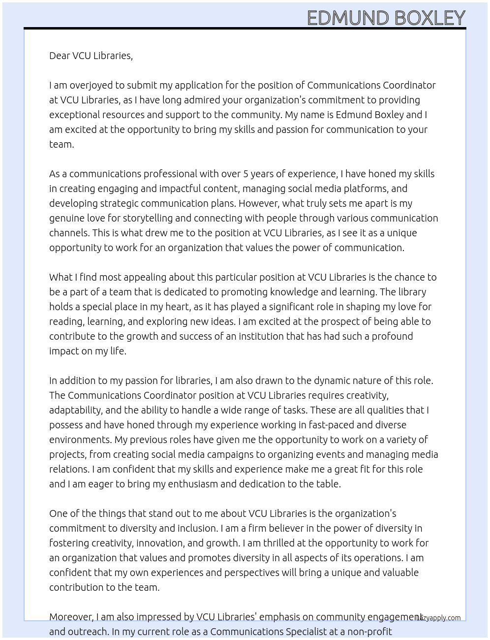 Communications Coordinator At VCU Libraries Cover Letter