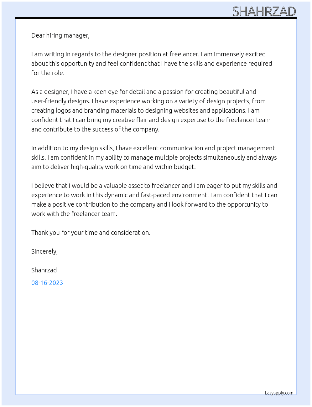 designer At freelancer Cover Letter