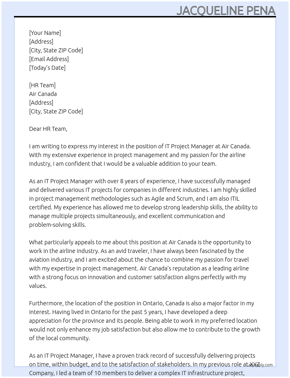 IT Project Manager At Air Canada Cover Letter