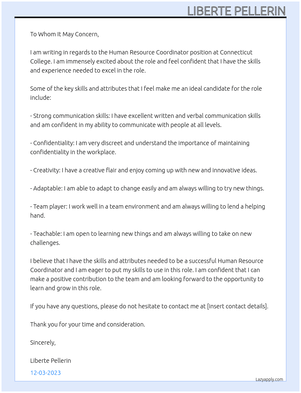 Human Resource Coordinator At Connecticut College Cover Letter