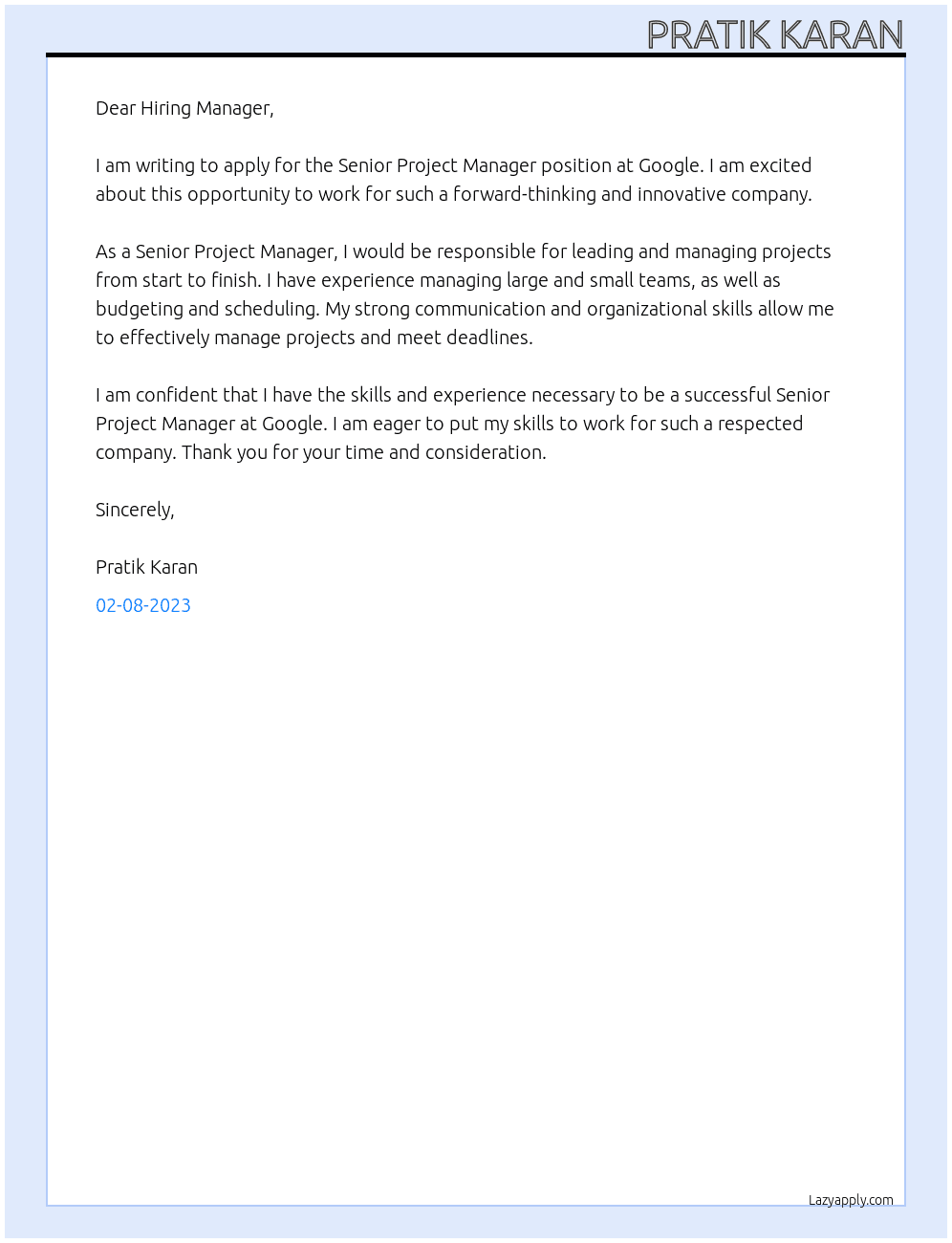 Senior Project Manager At Google Cover Letter