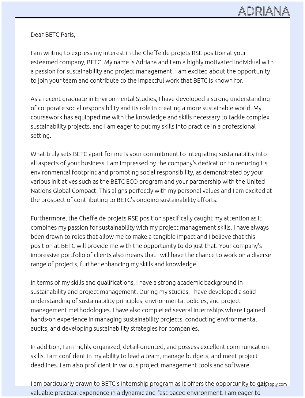 Cheffe de projets RSE At BETC Cover Letter