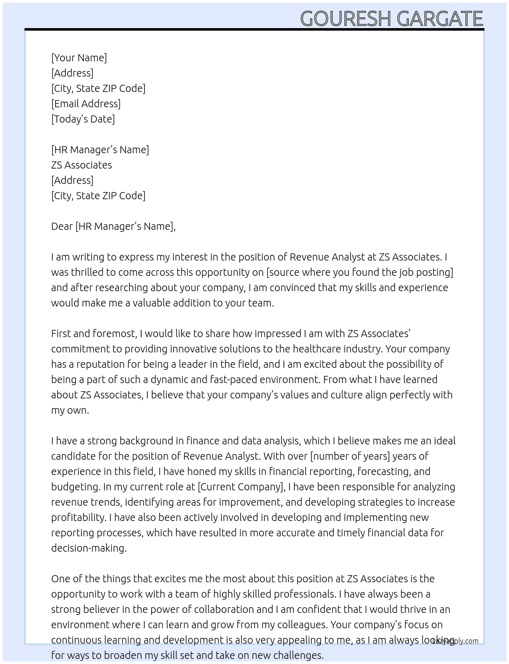 Revenue Analyst At ZS Associates Cover Letter