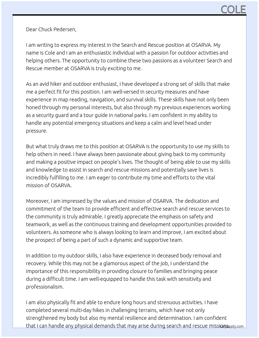 Search and rescue  At OSARVA Cover Letter
