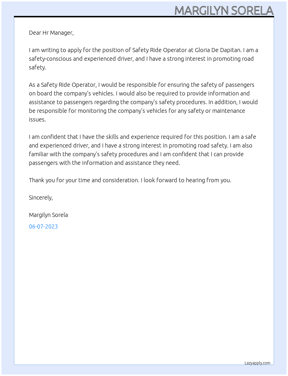 Safety Ride Operator At Gloria De Dapitan Cover Letter