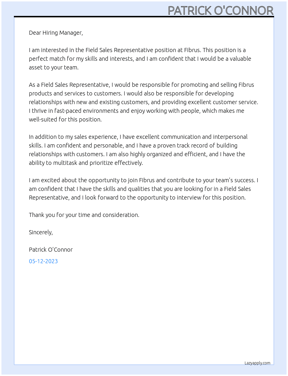 Field Sales Representative At Fibrus Cover Letter
