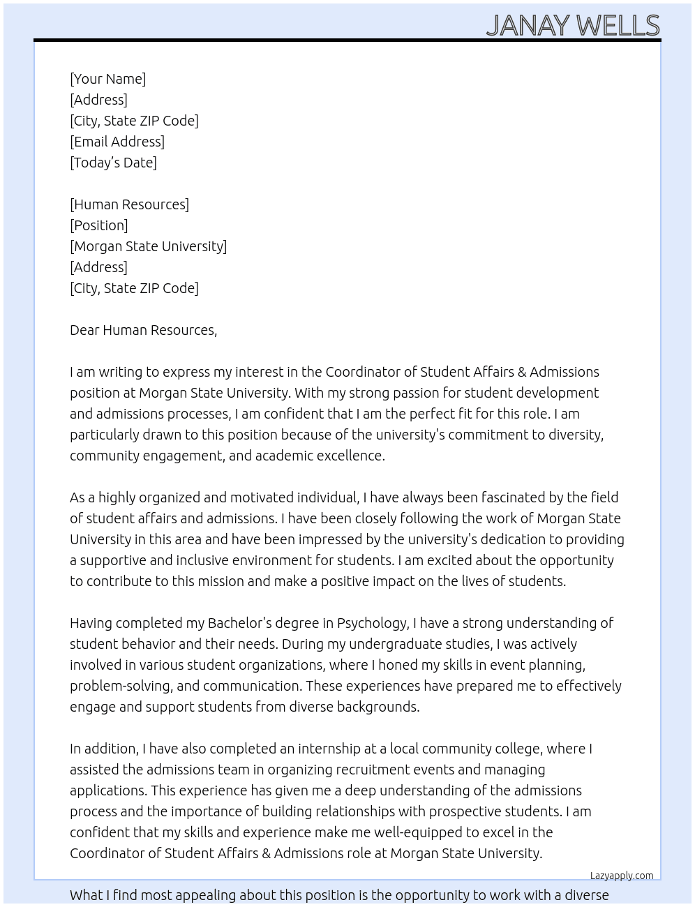 Coordinator student affairs & admissions  At Morgan State University  Cover Letter