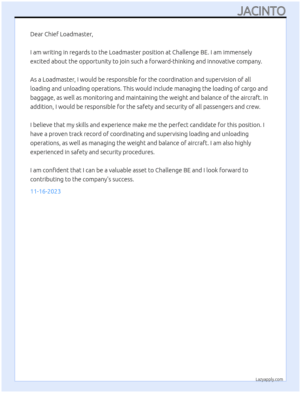 Loadmaster At Challenge BE Cover Letter