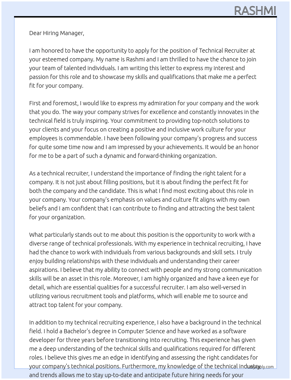 Technical Recruiter At Any company Cover Letter