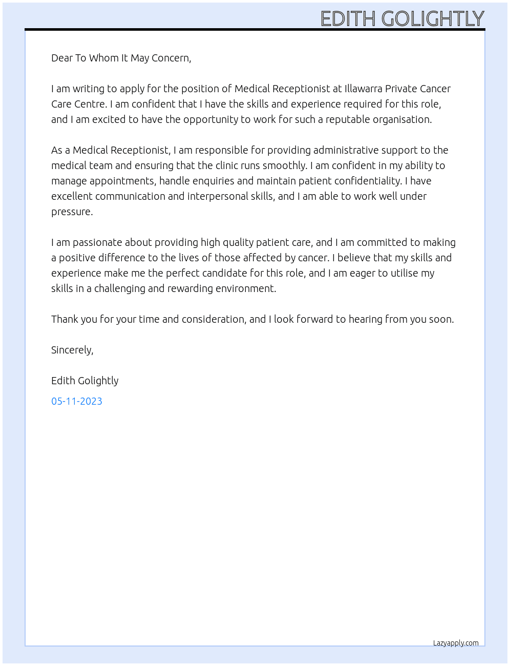 Medical Receptionist At Illawarra Private Cancer Care Centre Cover Letter