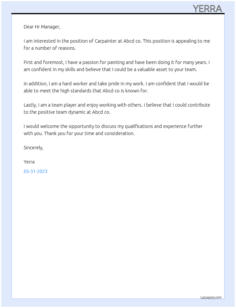 Carpainter At Abcd co Cover Letter