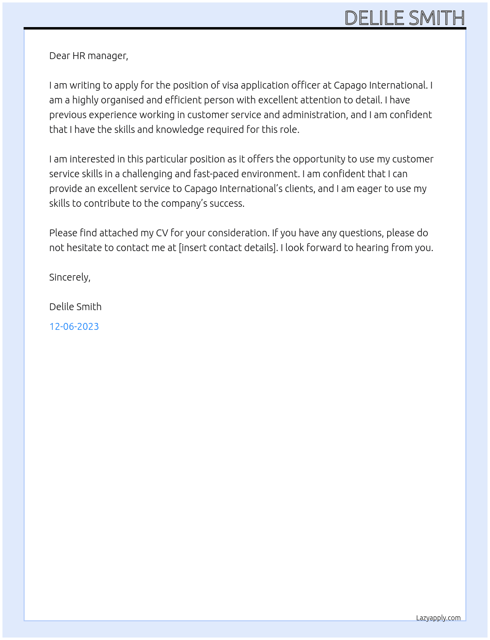 visa application officer At Capago Internaionl Cover Letter