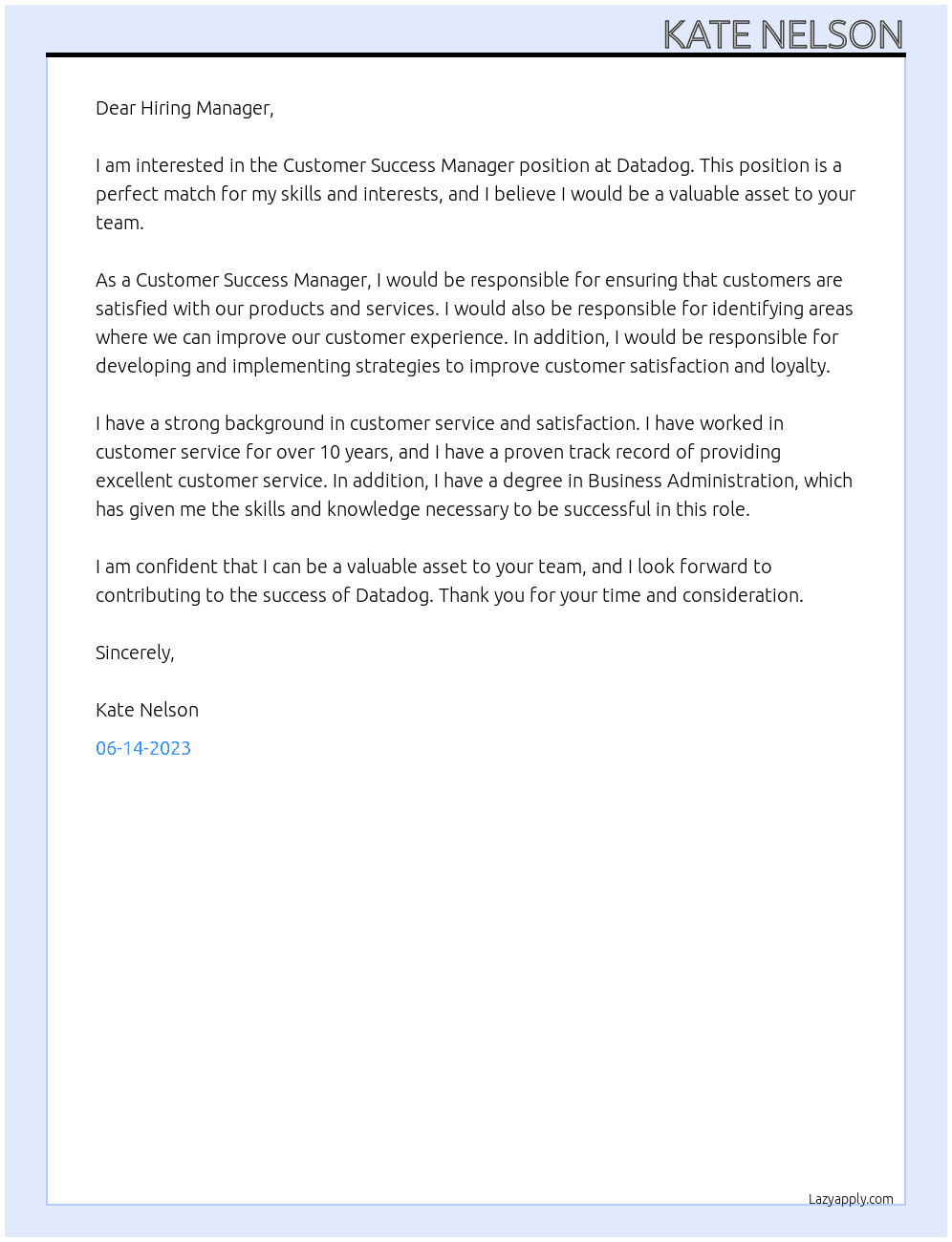 Customer Success Manager At Datadog Cover Letter