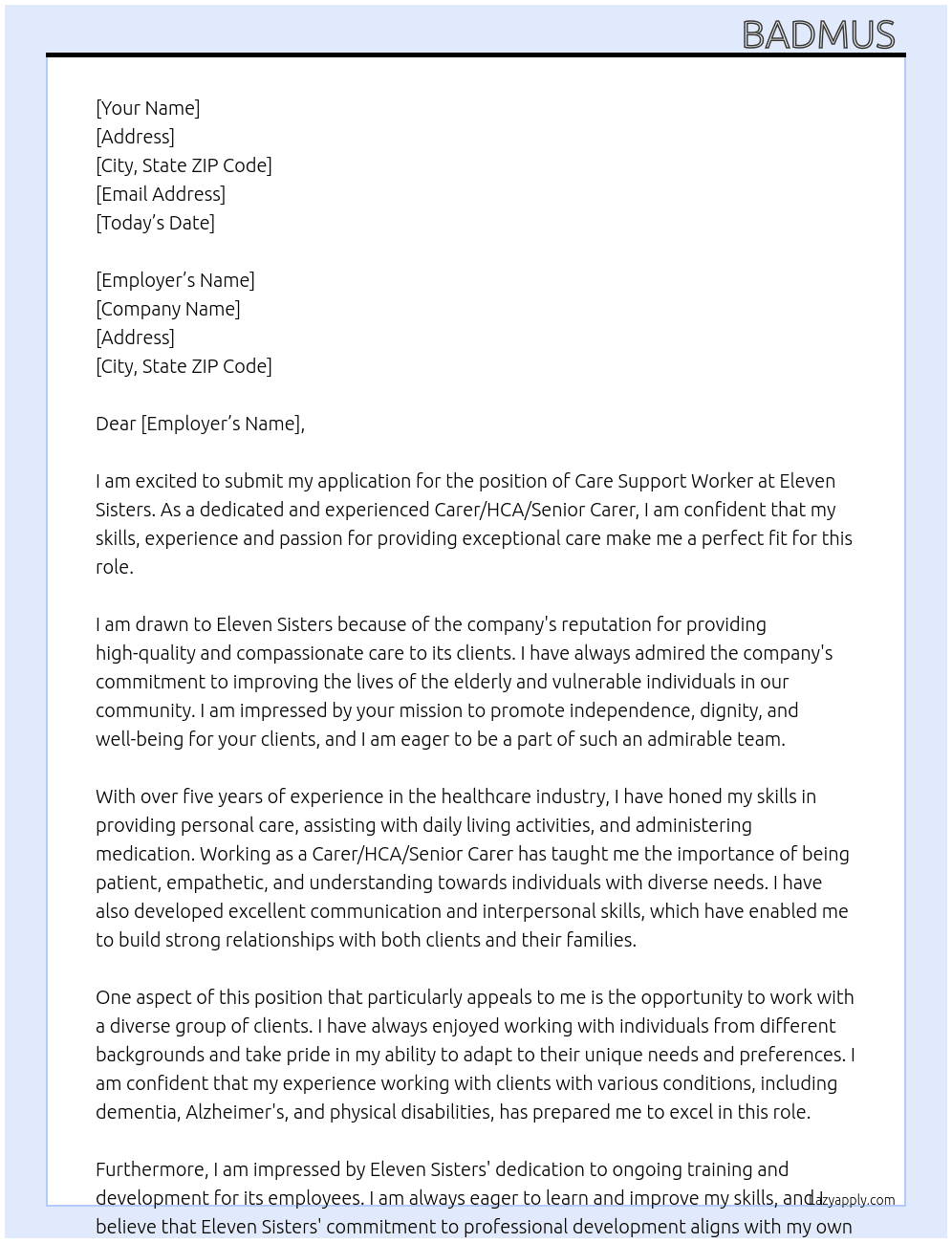 Care Support Worker At Eleven Sisters Cover Letter