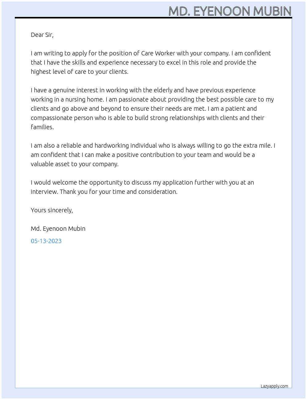 Care Worker At To your Comoany Cover Letter